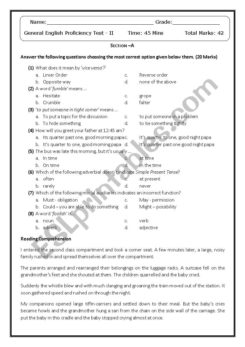 General English Proficiency test (45 mins/42 marks/with Keys)