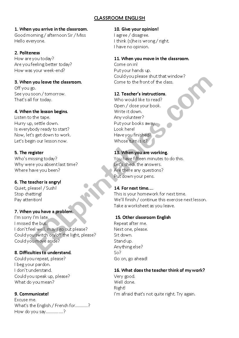 Classroom English worksheet