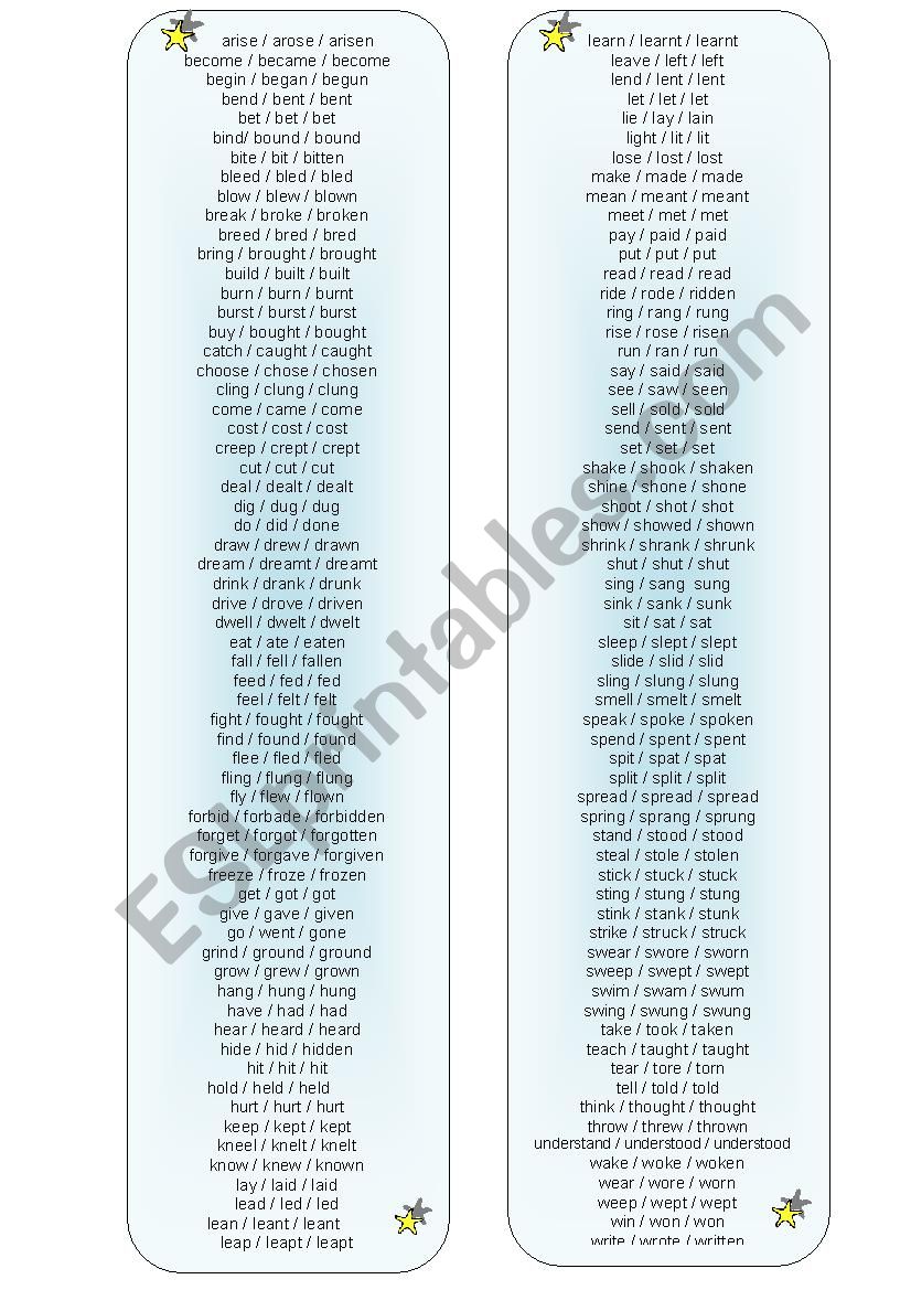 list of irregular verbs worksheet