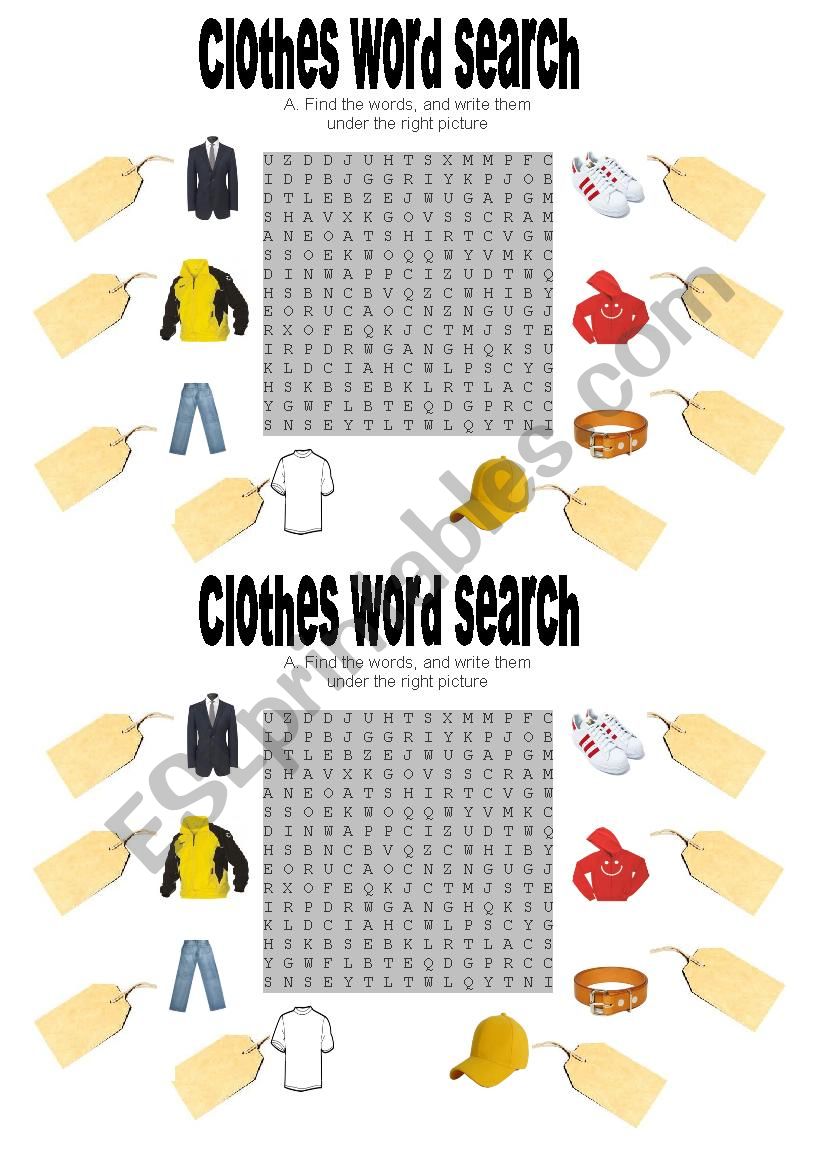 Clothes word search worksheet