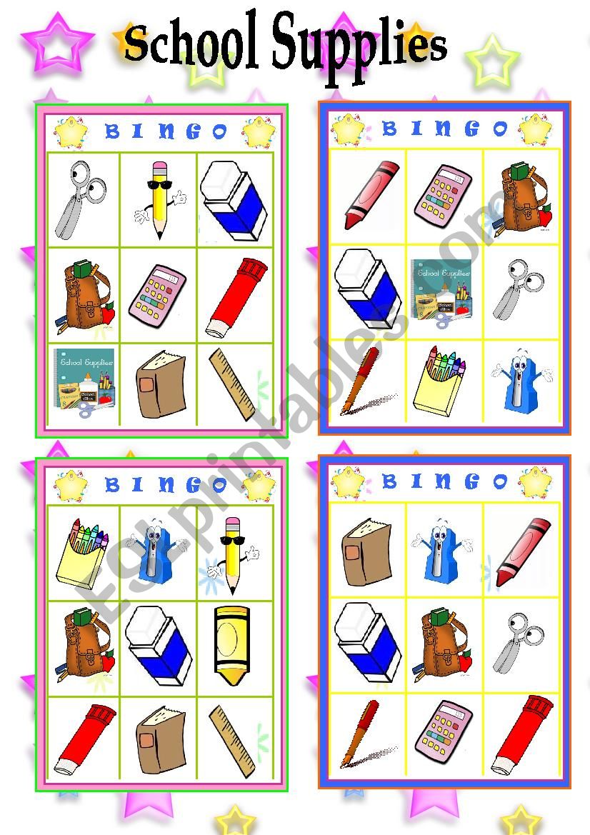 School Supplies- Bingo worksheet