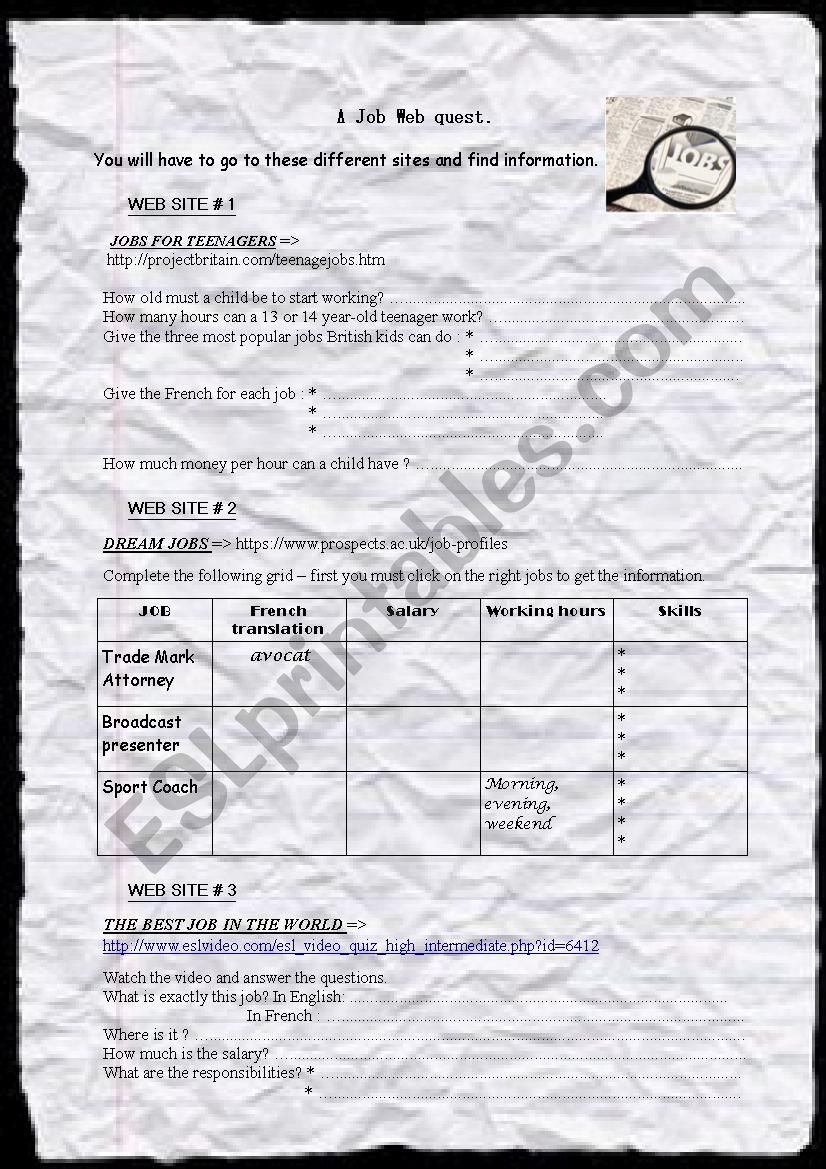 Jobs : a  Webquest worksheet