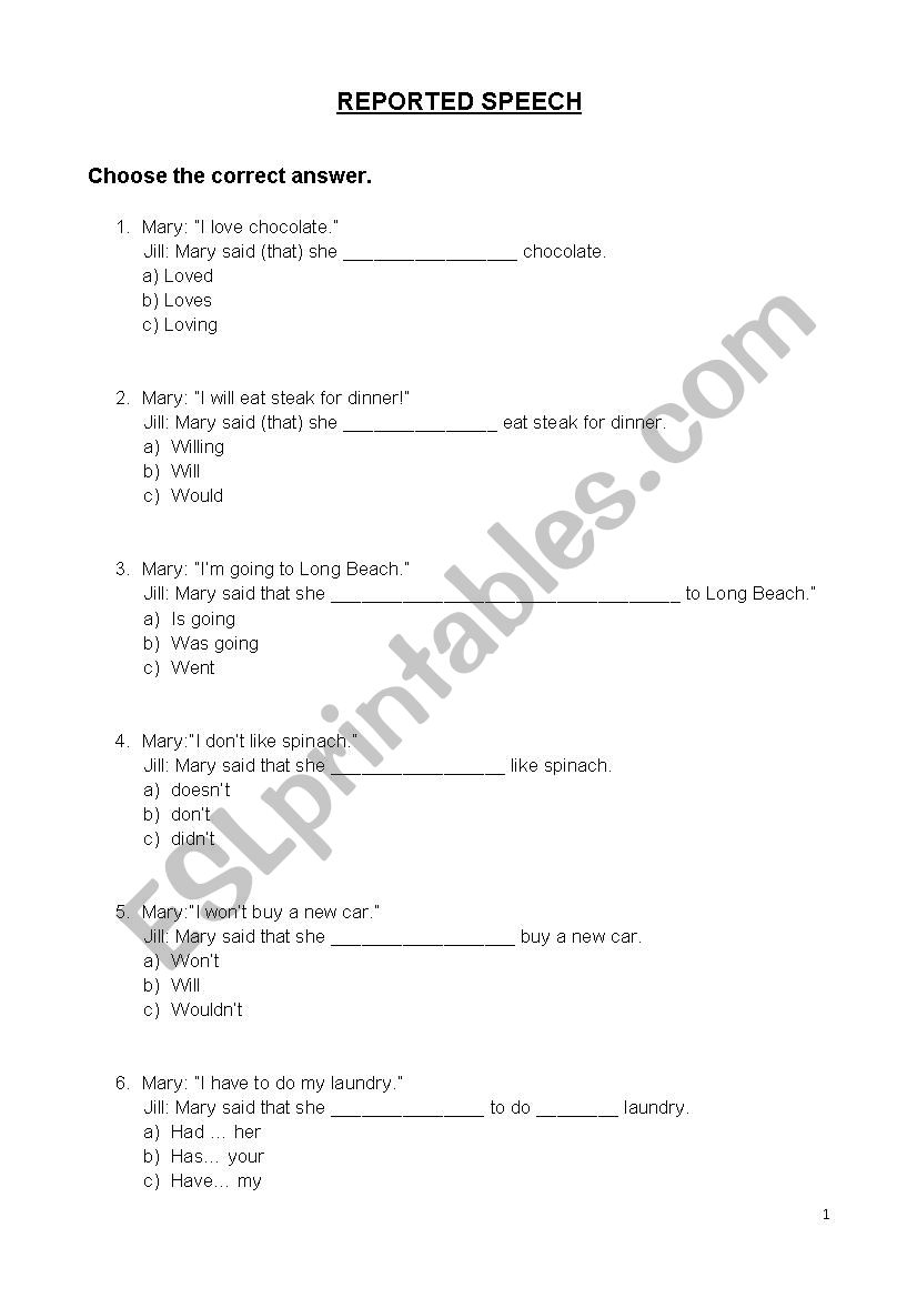 Reported Speech worksheet