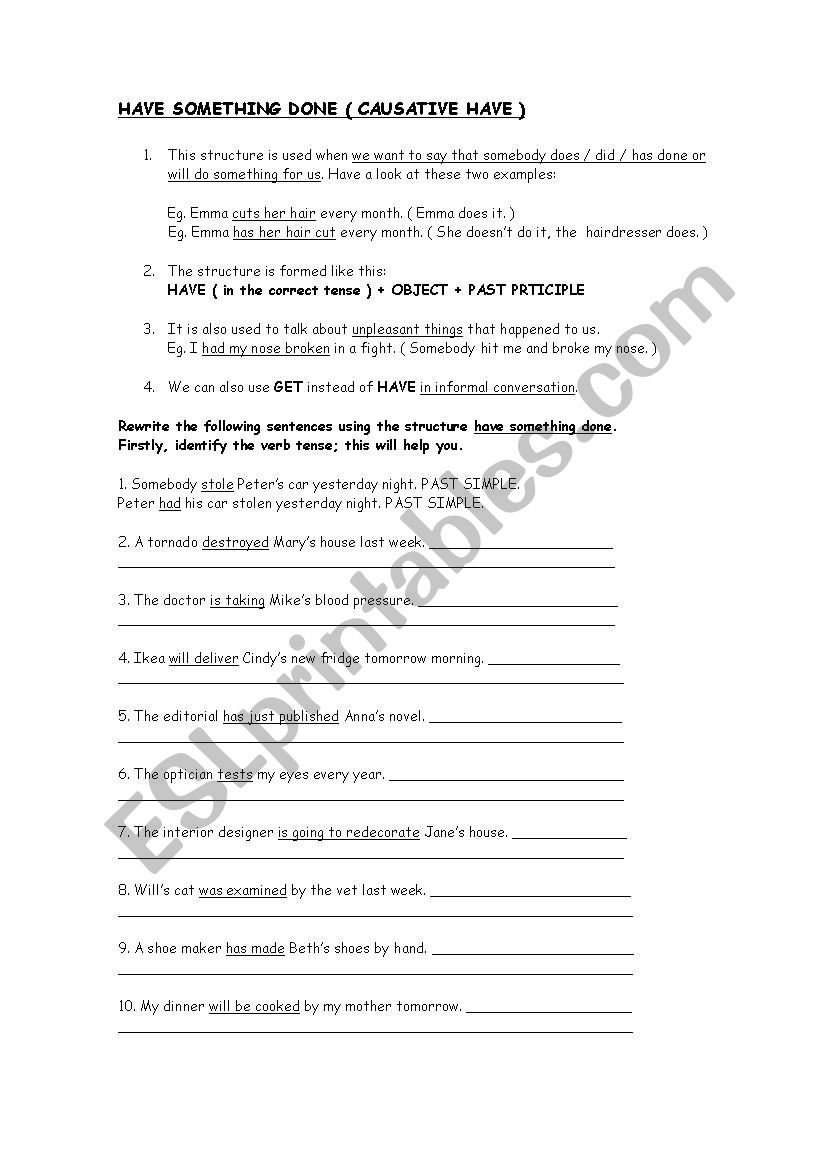 HAVE SOMETHING DONE worksheet