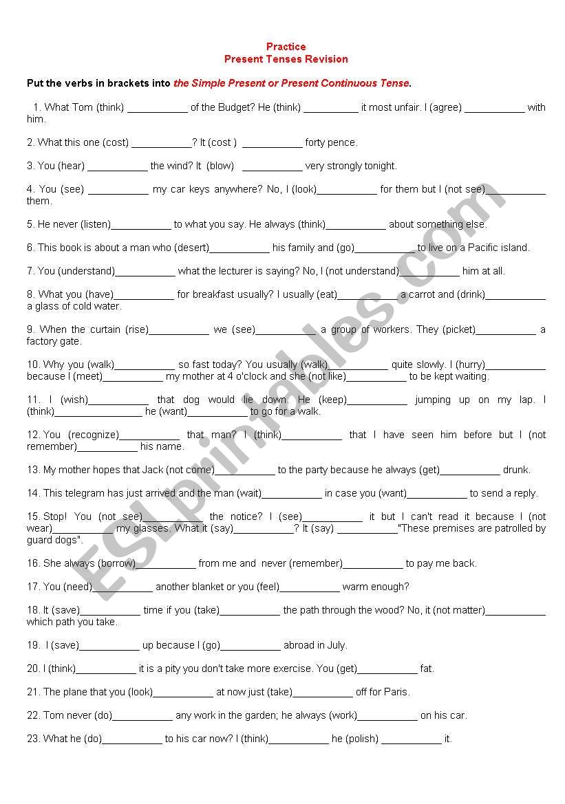 Present tenses worksheet