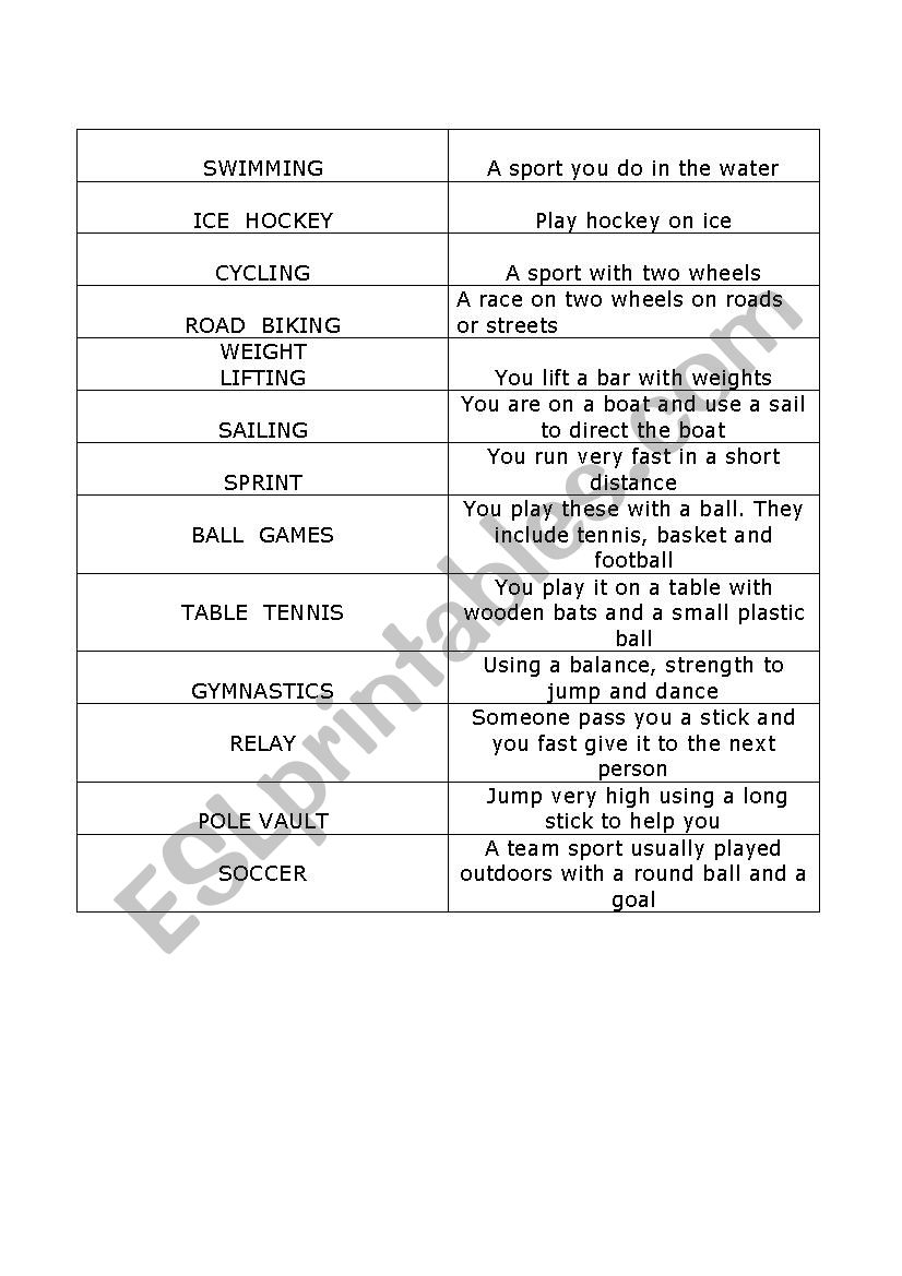 Sport bingo worksheet