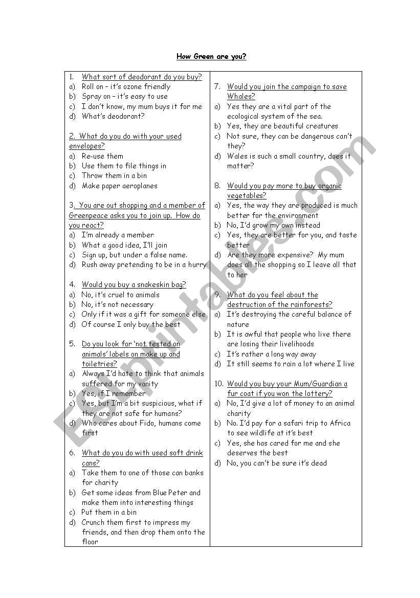 How Green are you worksheet