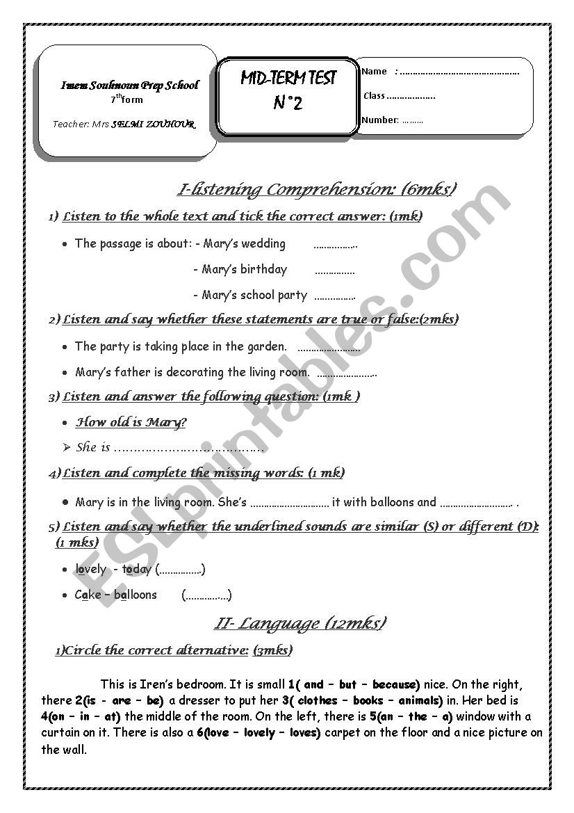 mid trm english test worksheet