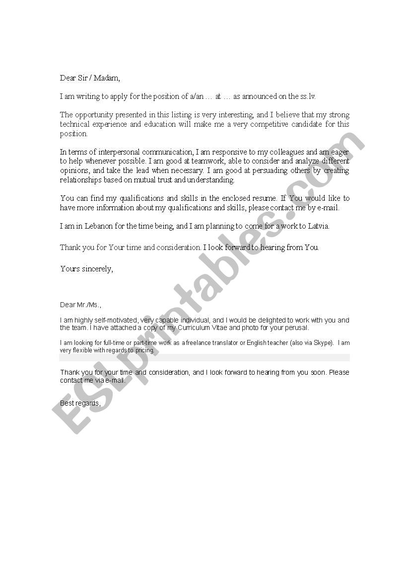 cover letter worksheet esl