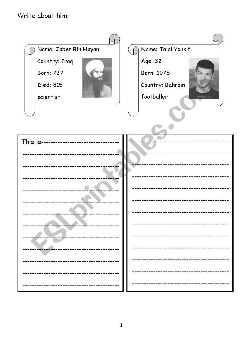 Write about him worksheet