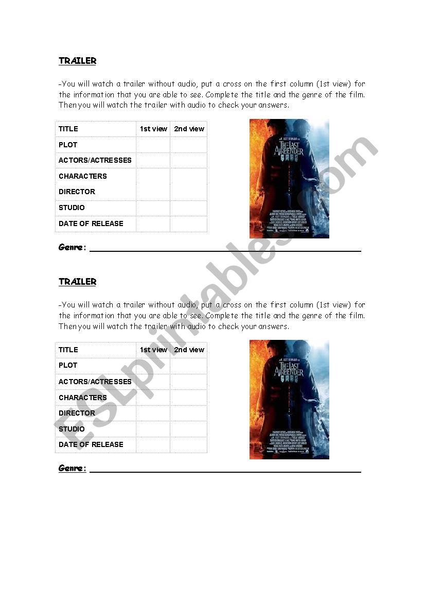 The Last Airbender Trailer worksheet