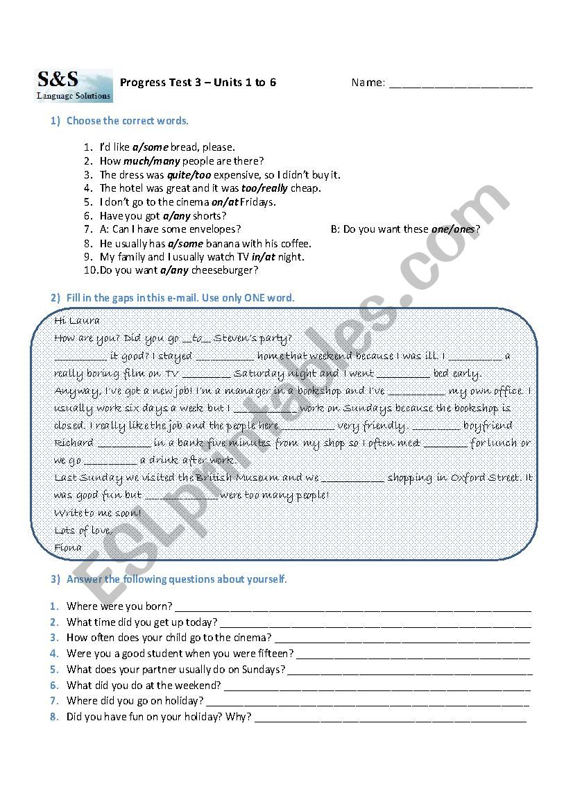 Progress test - Elementary level - from verb to be to simple past