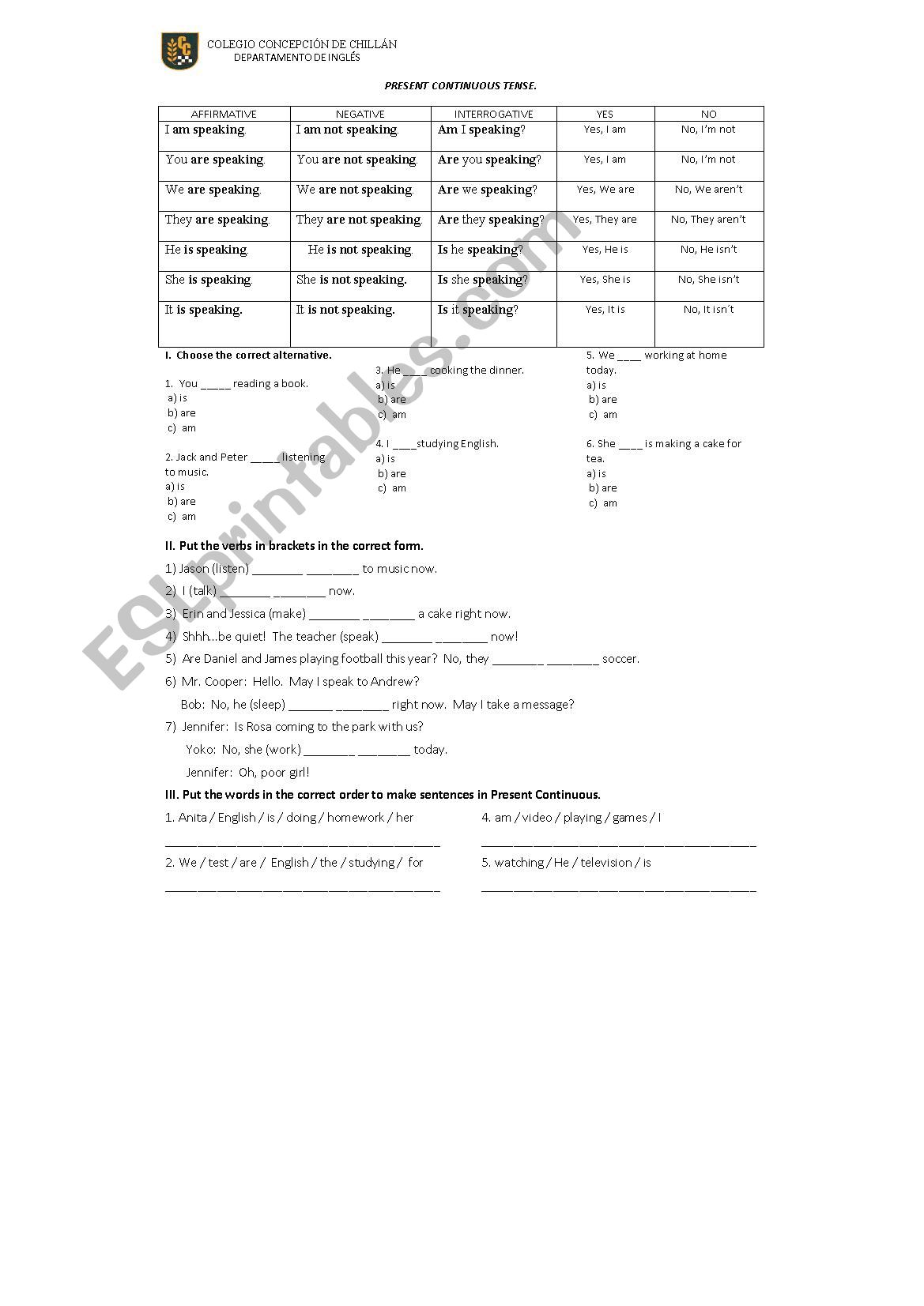 present continuous handout worksheet