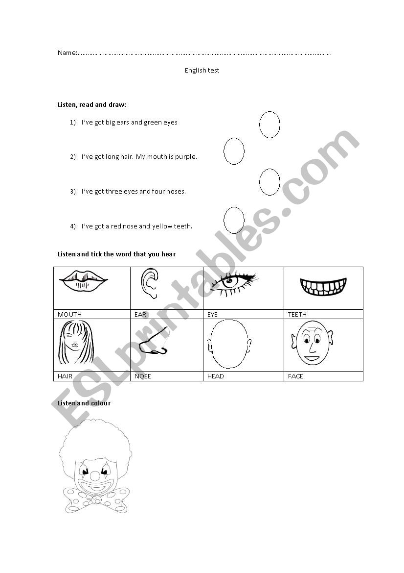 my face, test worksheet