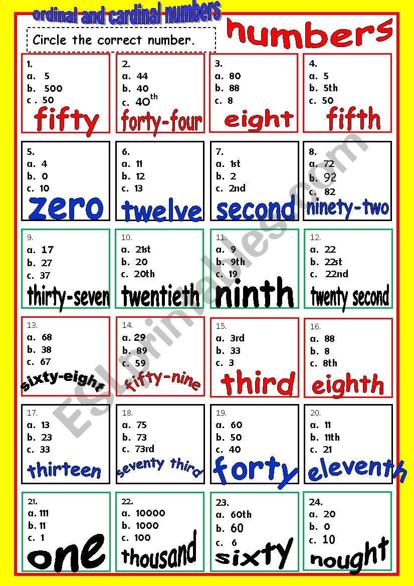 ORDINAL and CARDINAL NUMBERS worksheet