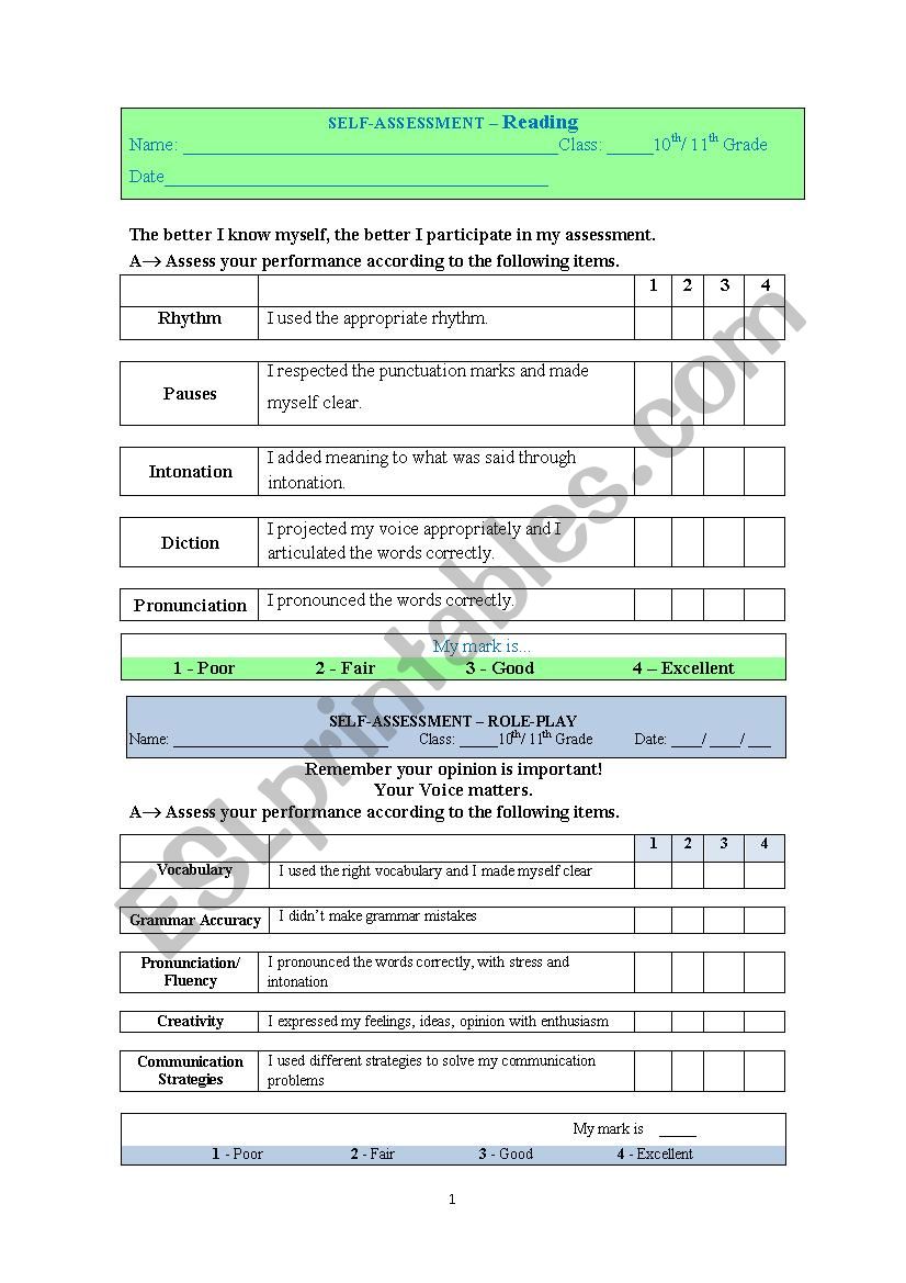 SELF-ASSESSMENT OF SPEAKING worksheet