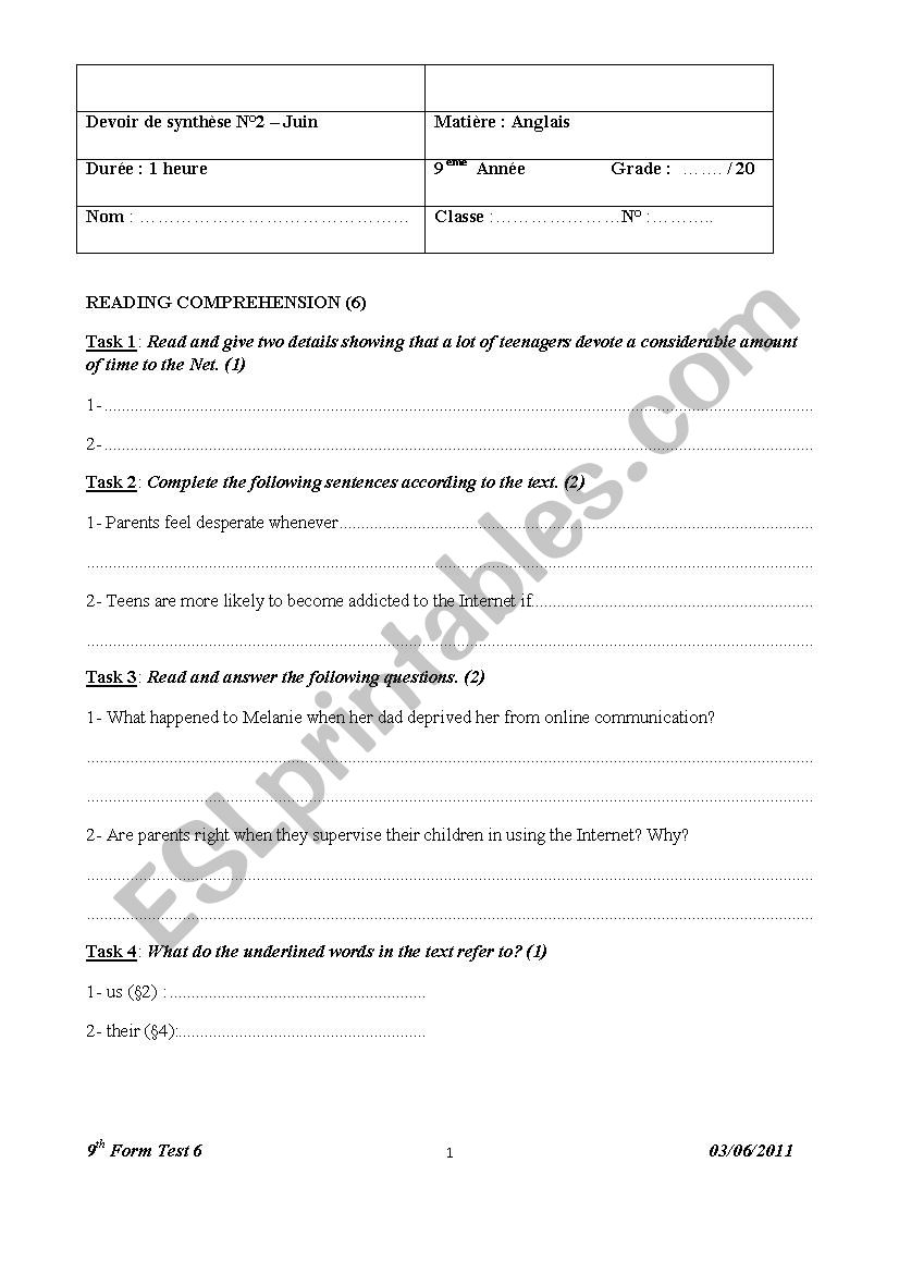 9 Form Test 6 worksheet