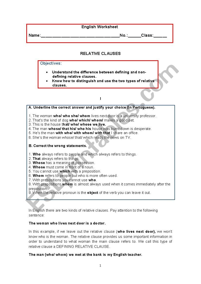 RELATIVE CLAUSES worksheet