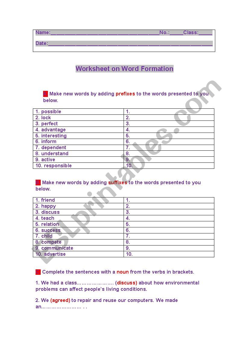 WORKSHEET ON WORD FORMATION worksheet