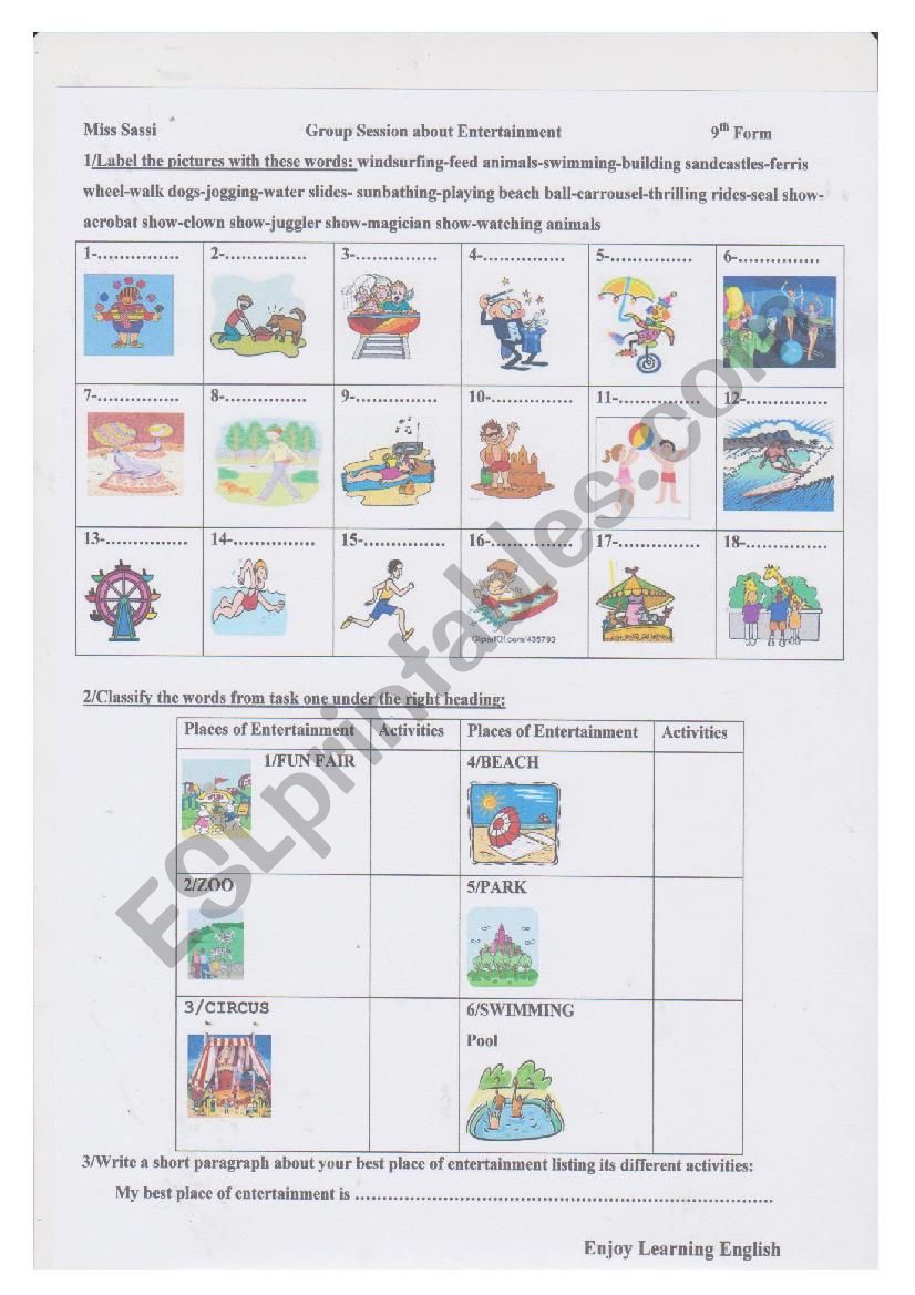 PLACES of ENTERTAINMENT worksheet