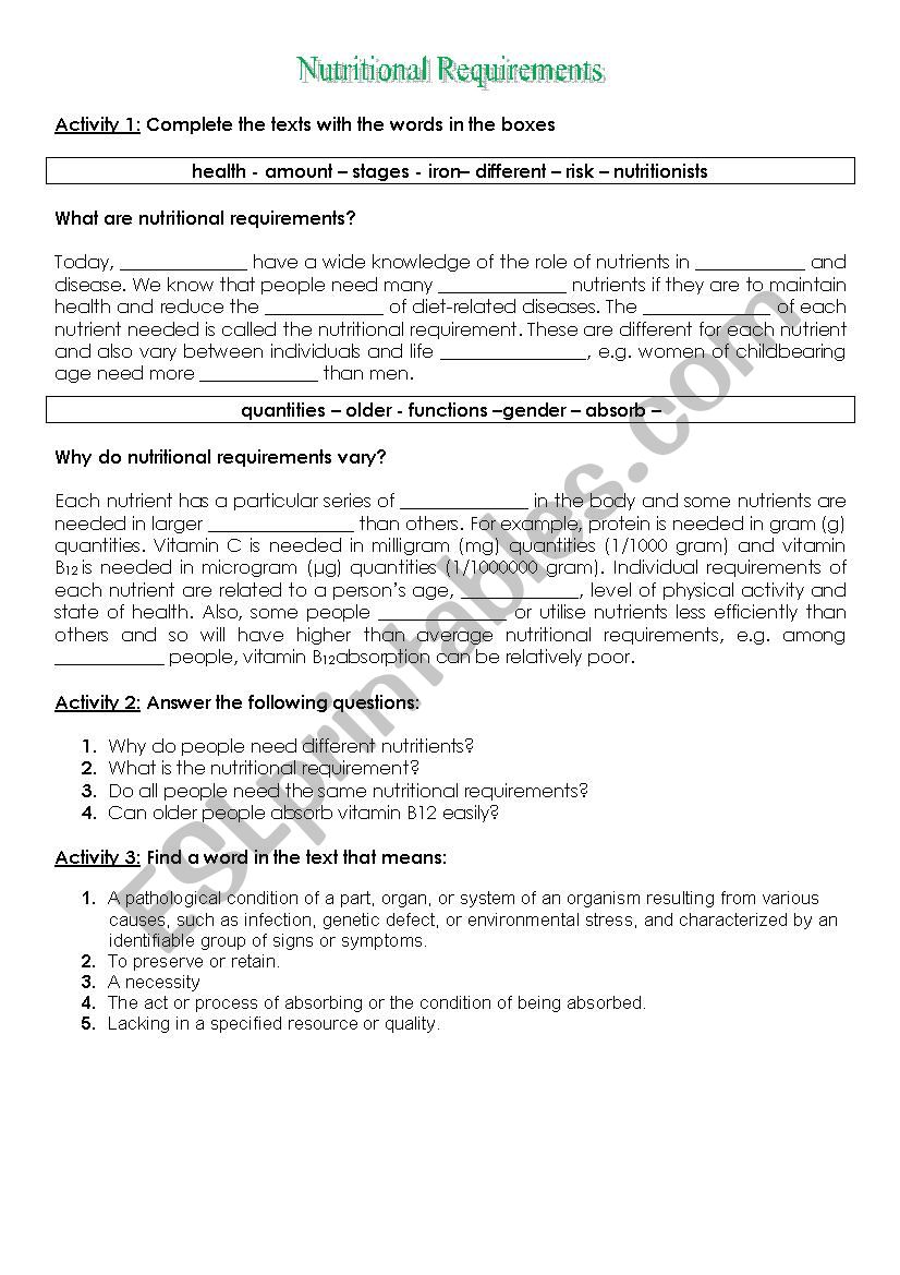 Nutritional Requirements worksheet