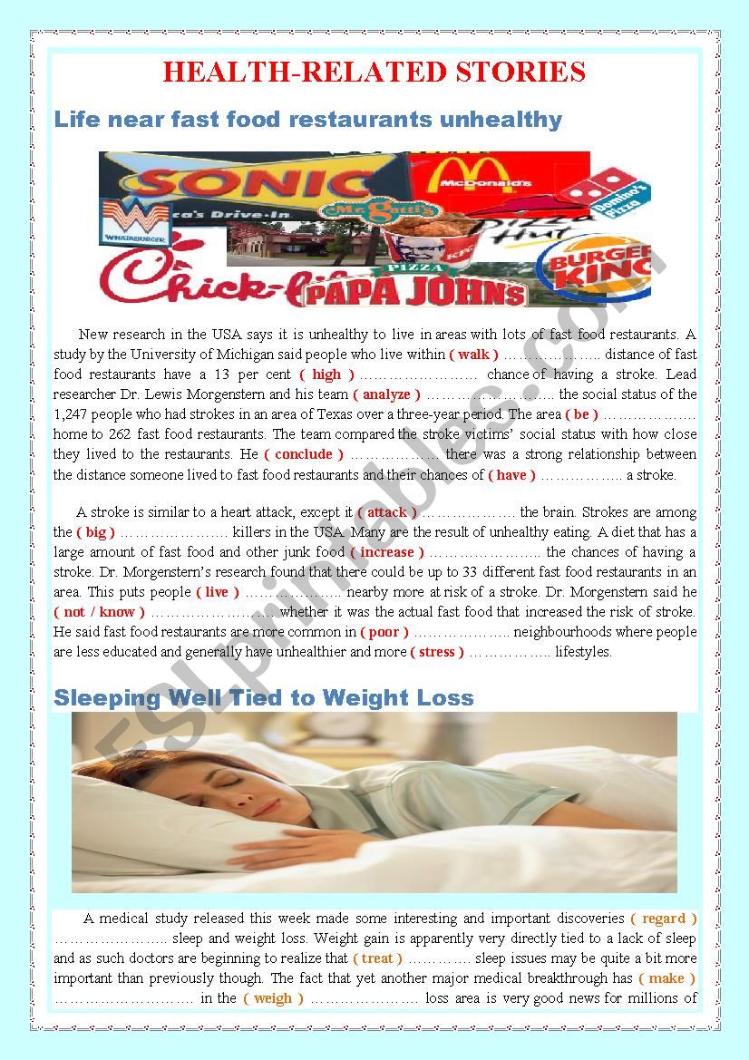 HEALTH-RELATED STORIES worksheet