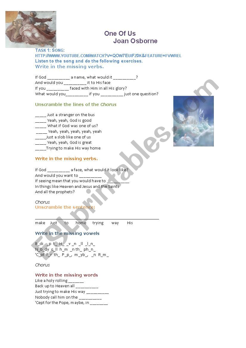 Song Activity - One of us worksheet