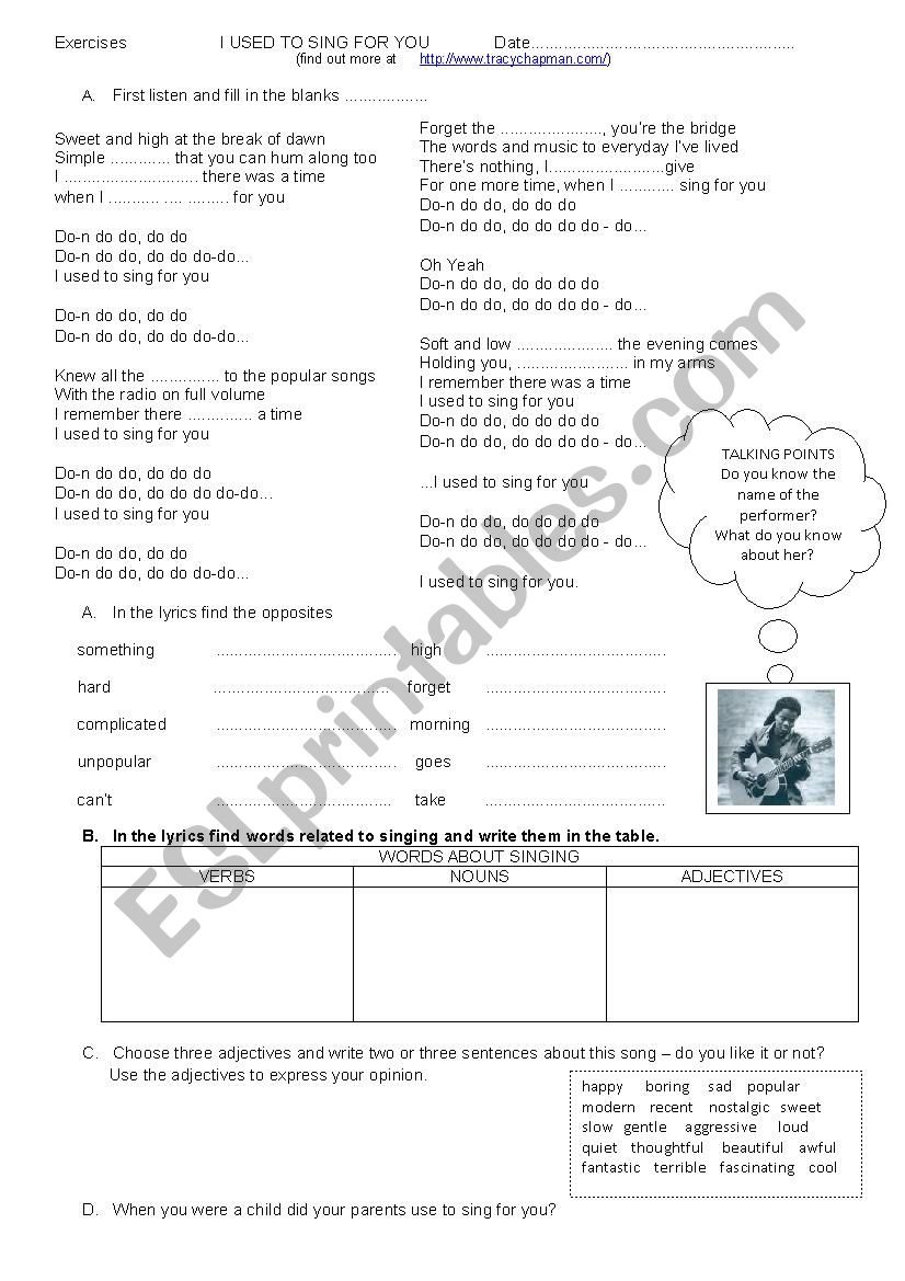 I used to sing for you worksheet