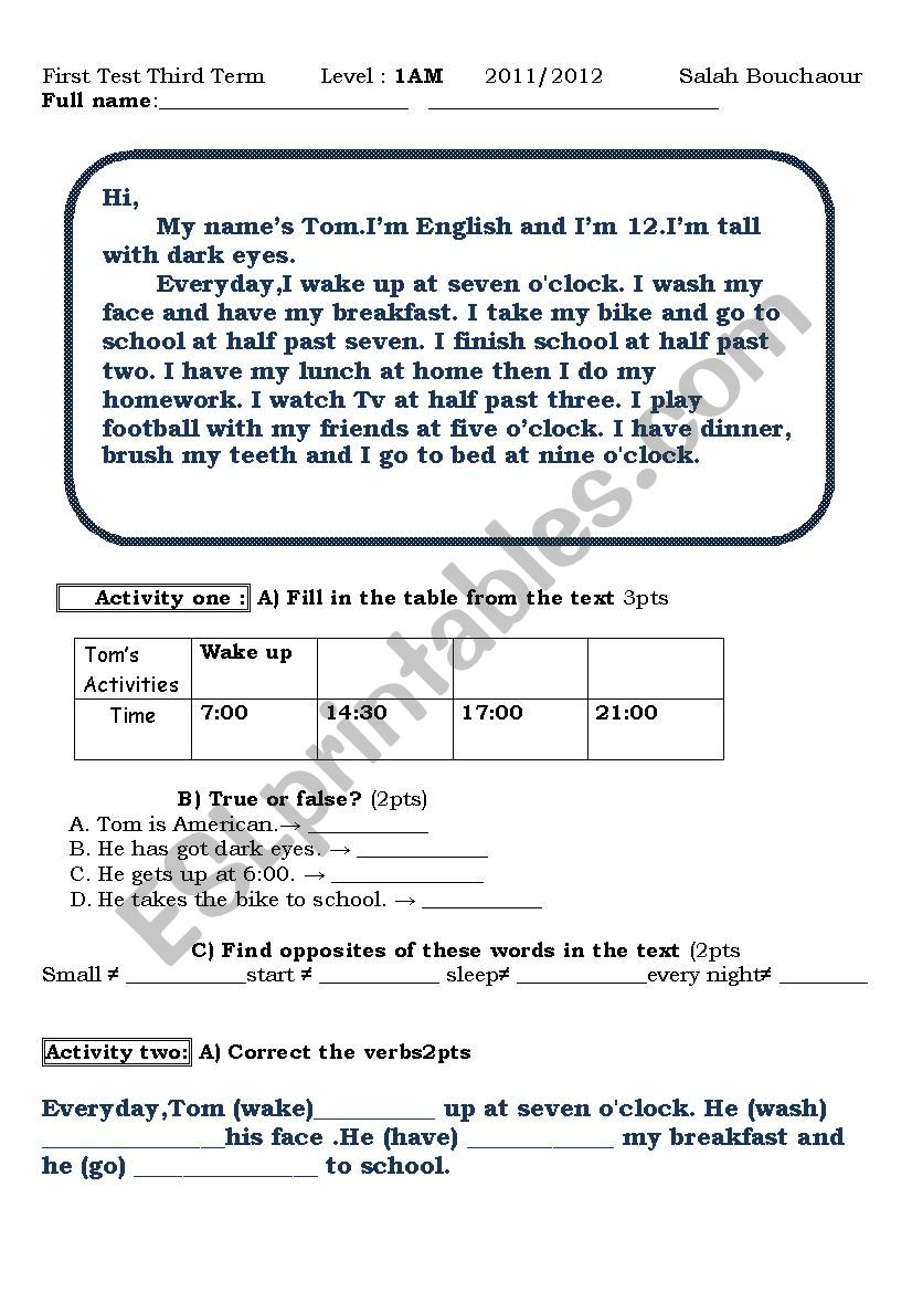 elementary test worksheet