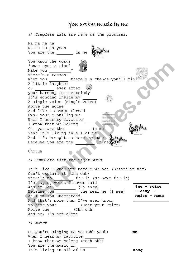 Song You Are The Music In Me High School Musical 2 Esl Worksheet By Menagarcia