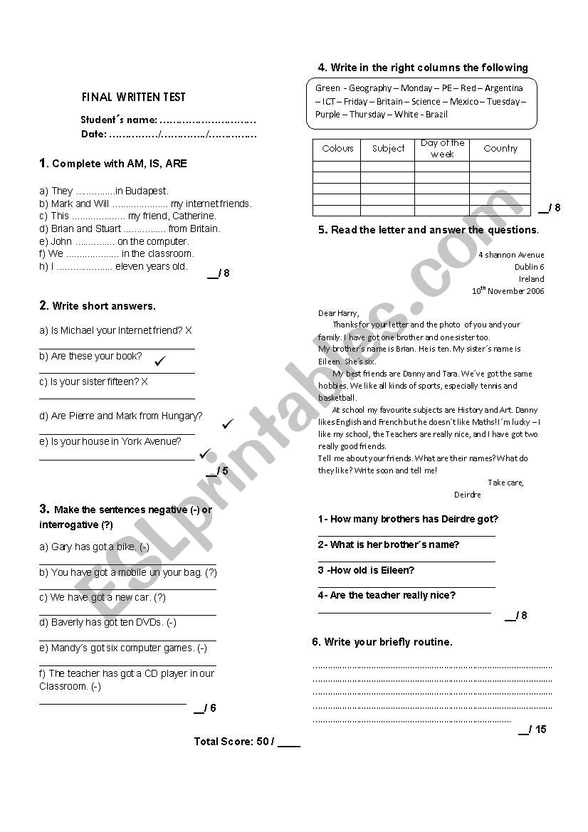 Present Simple test worksheet