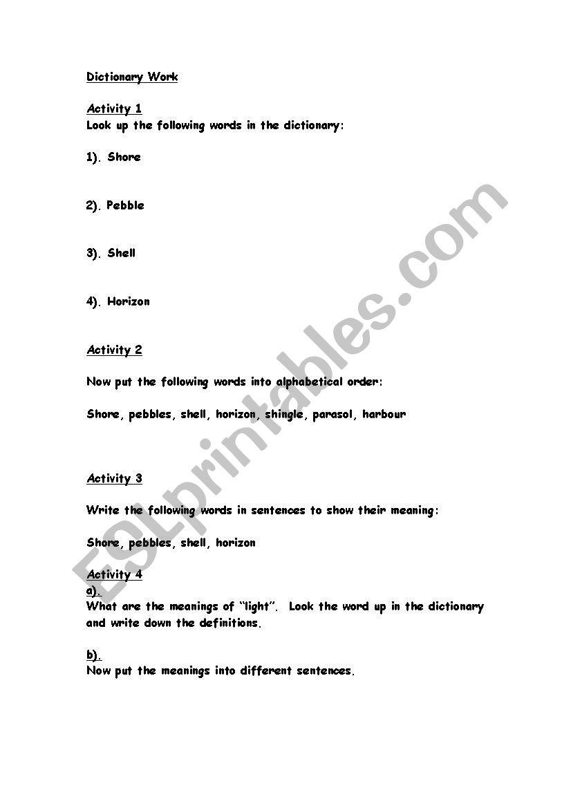 Dictionary work worksheet