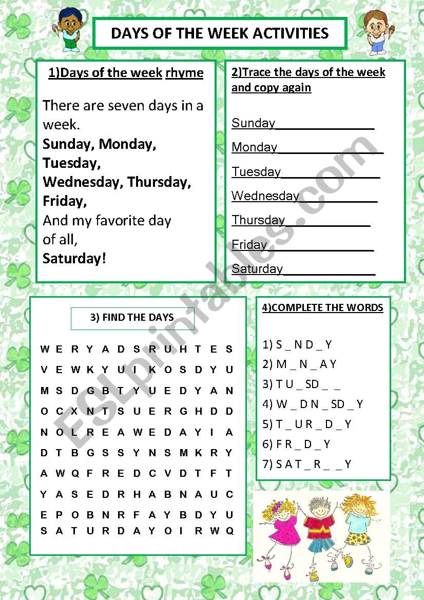  4 days activities worksheet