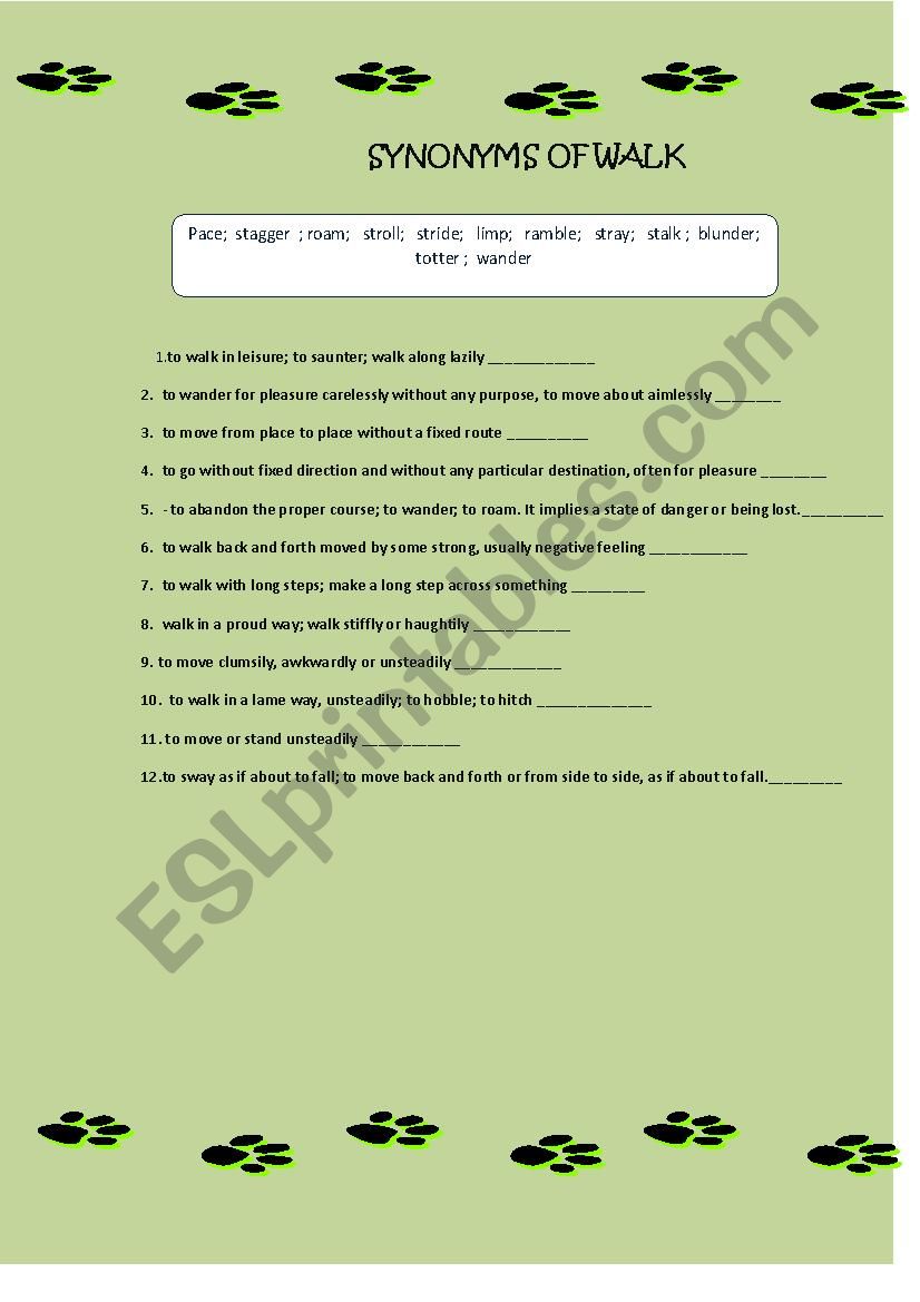 Synonyms of WALK worksheet