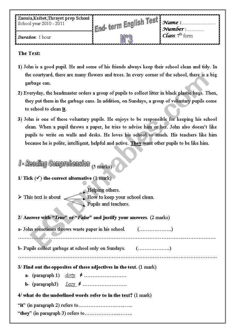 full term test 7th form worksheet