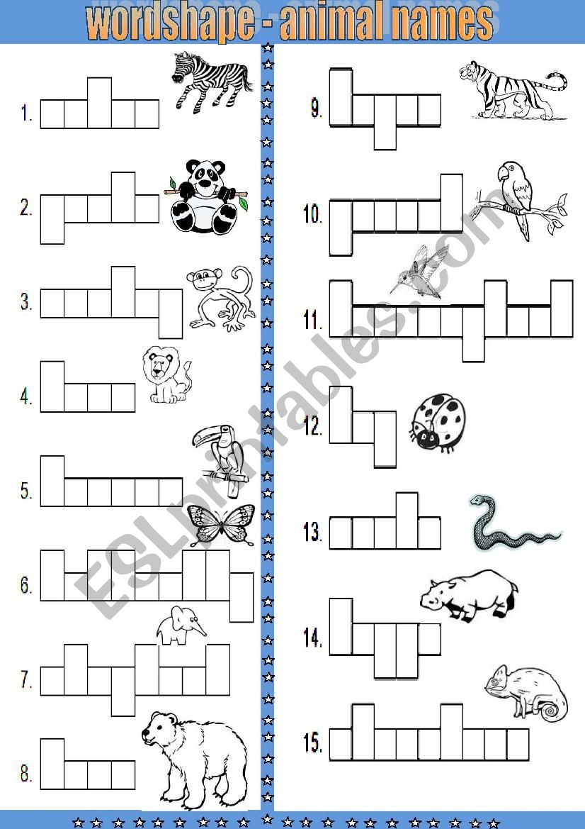 word shape - animal names worksheet