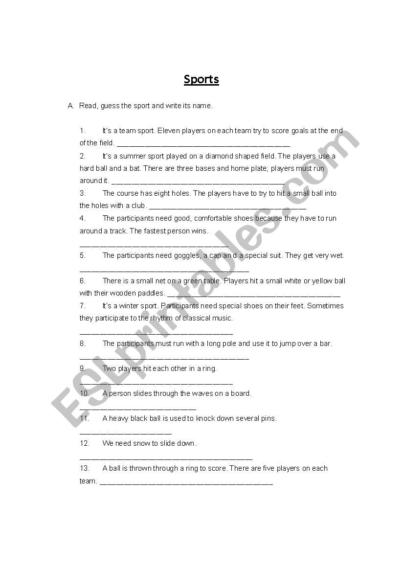 Sports worksheet