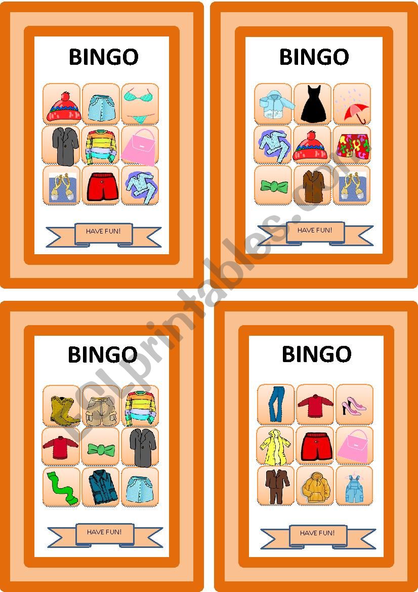 Clothes and accessories_Bingo Cards - Set 3