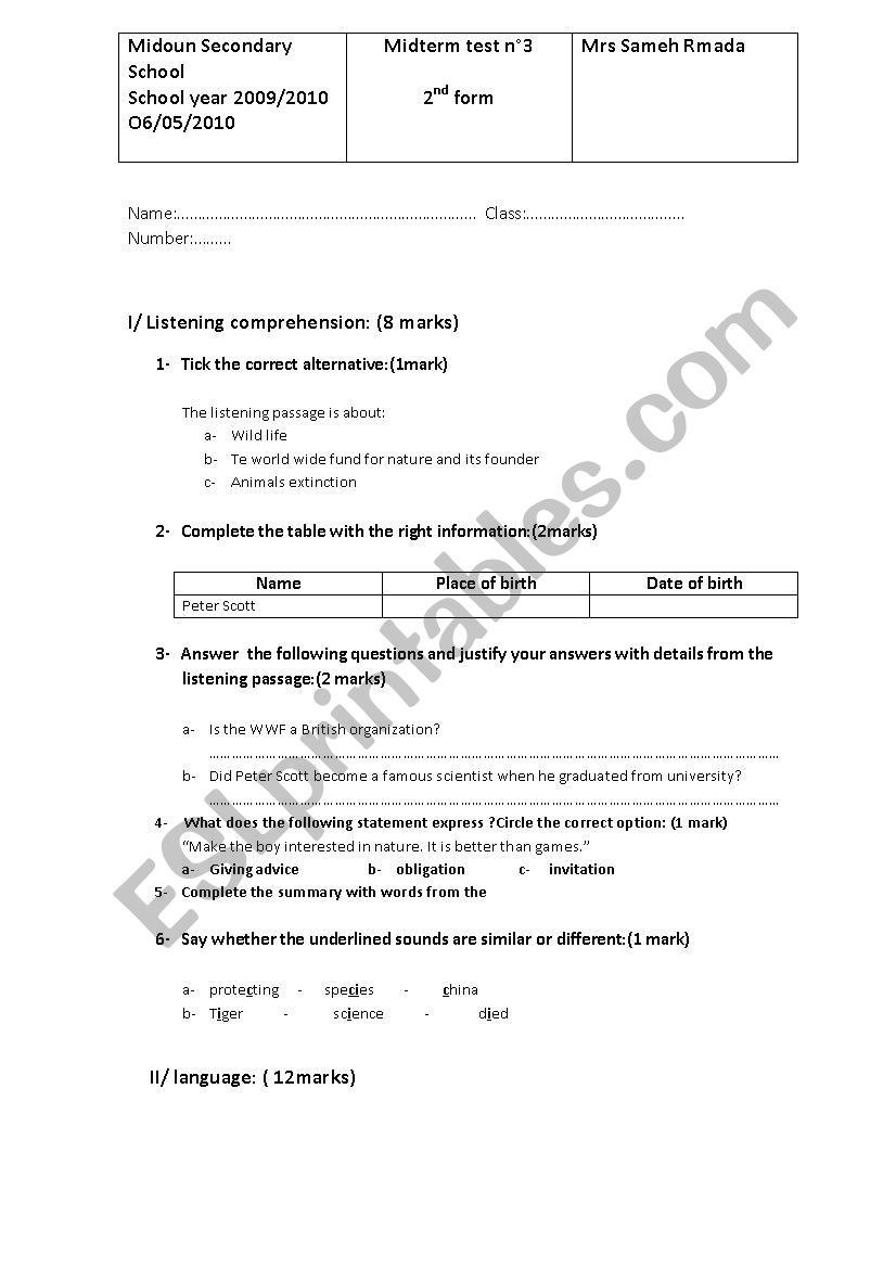 test 3 for 2nd form Tunisian pupils