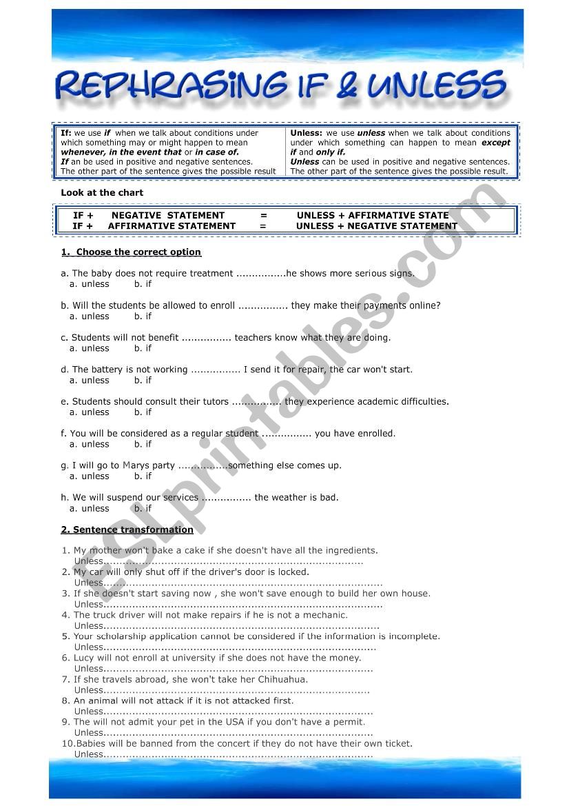 Rephrasing If & Unless worksheet