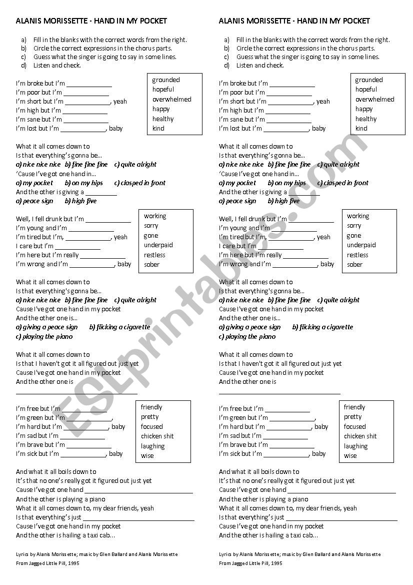 Hand in my pocket worksheet