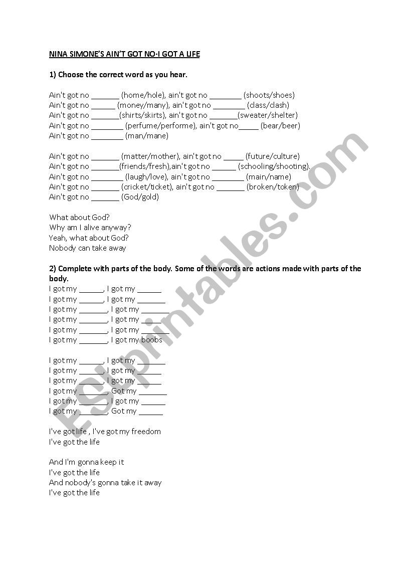 Aint got no life worksheet