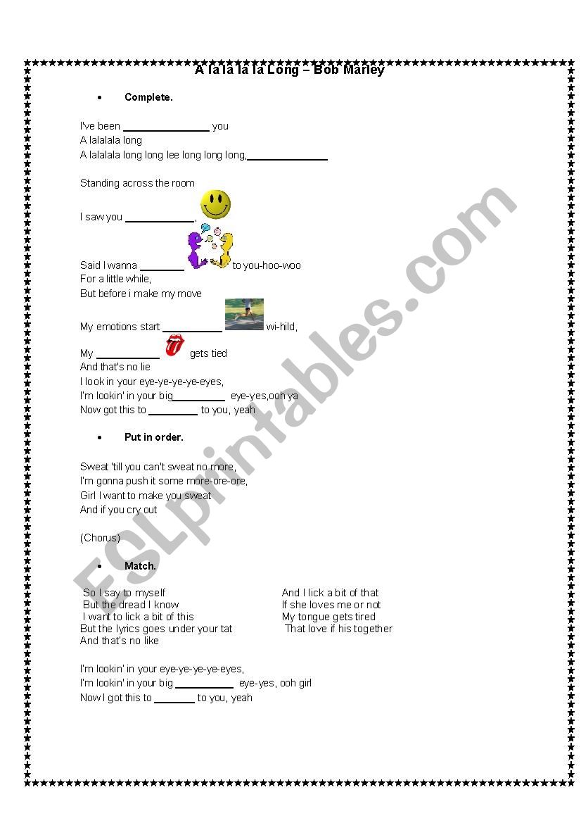 Bob Marley - lalala long worksheet