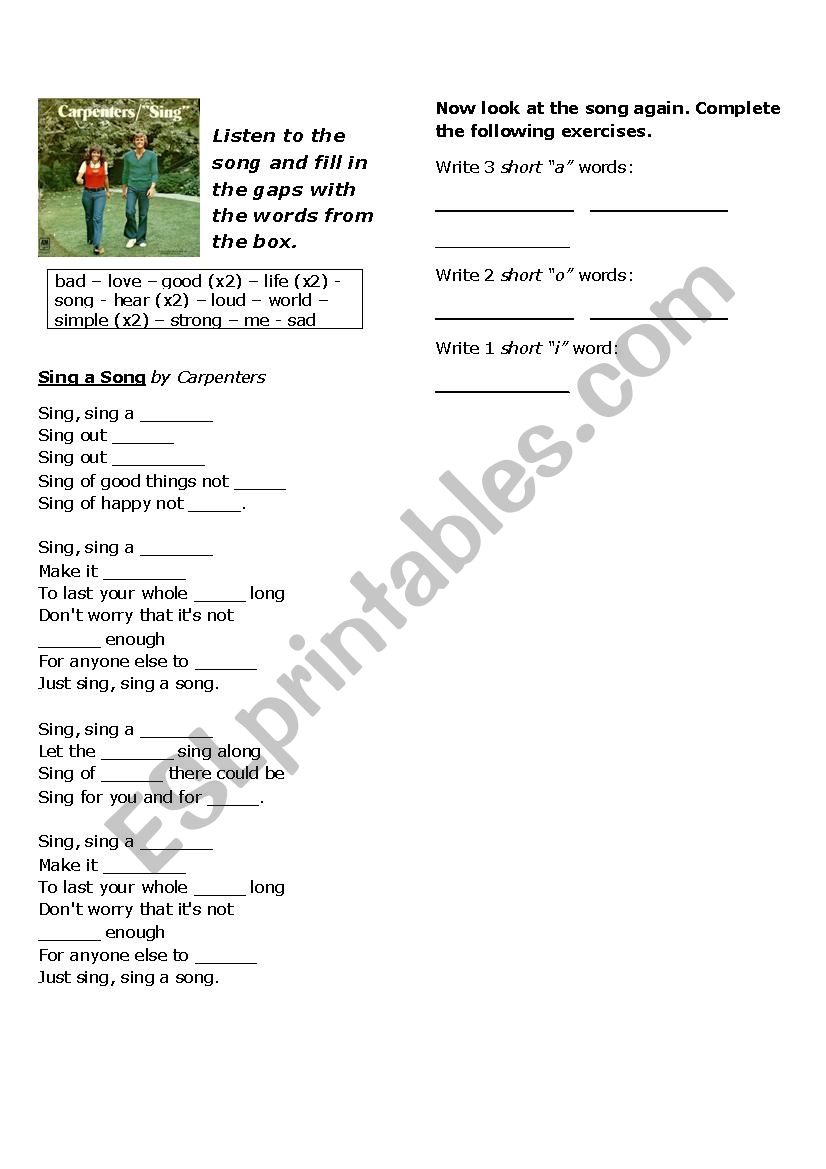 Sing a song by Carpenters worksheet
