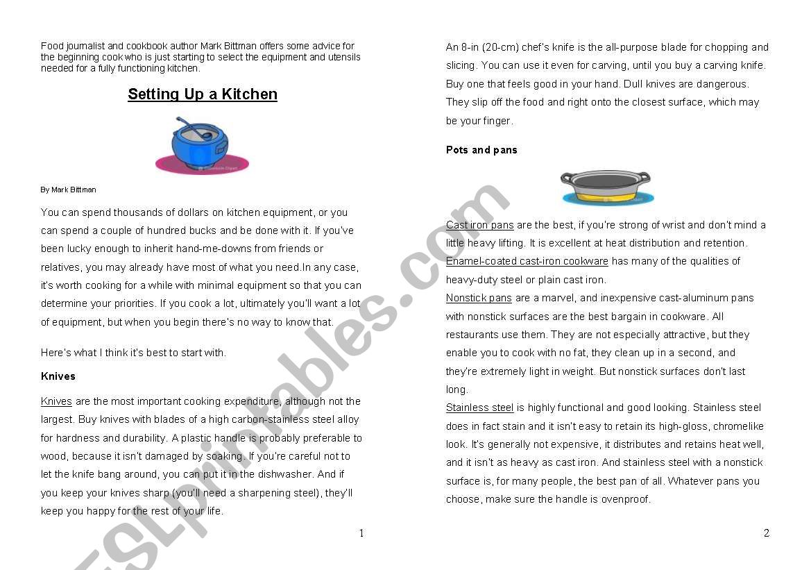Setting up a kitchen worksheet