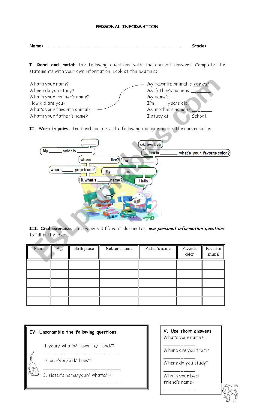 Personal Information worksheet