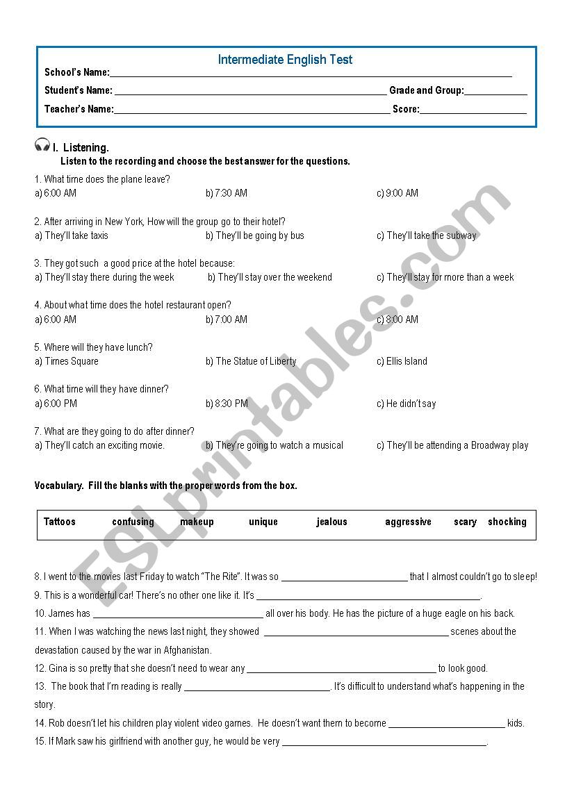 INTERMEDIATE ENGLISH TEST worksheet