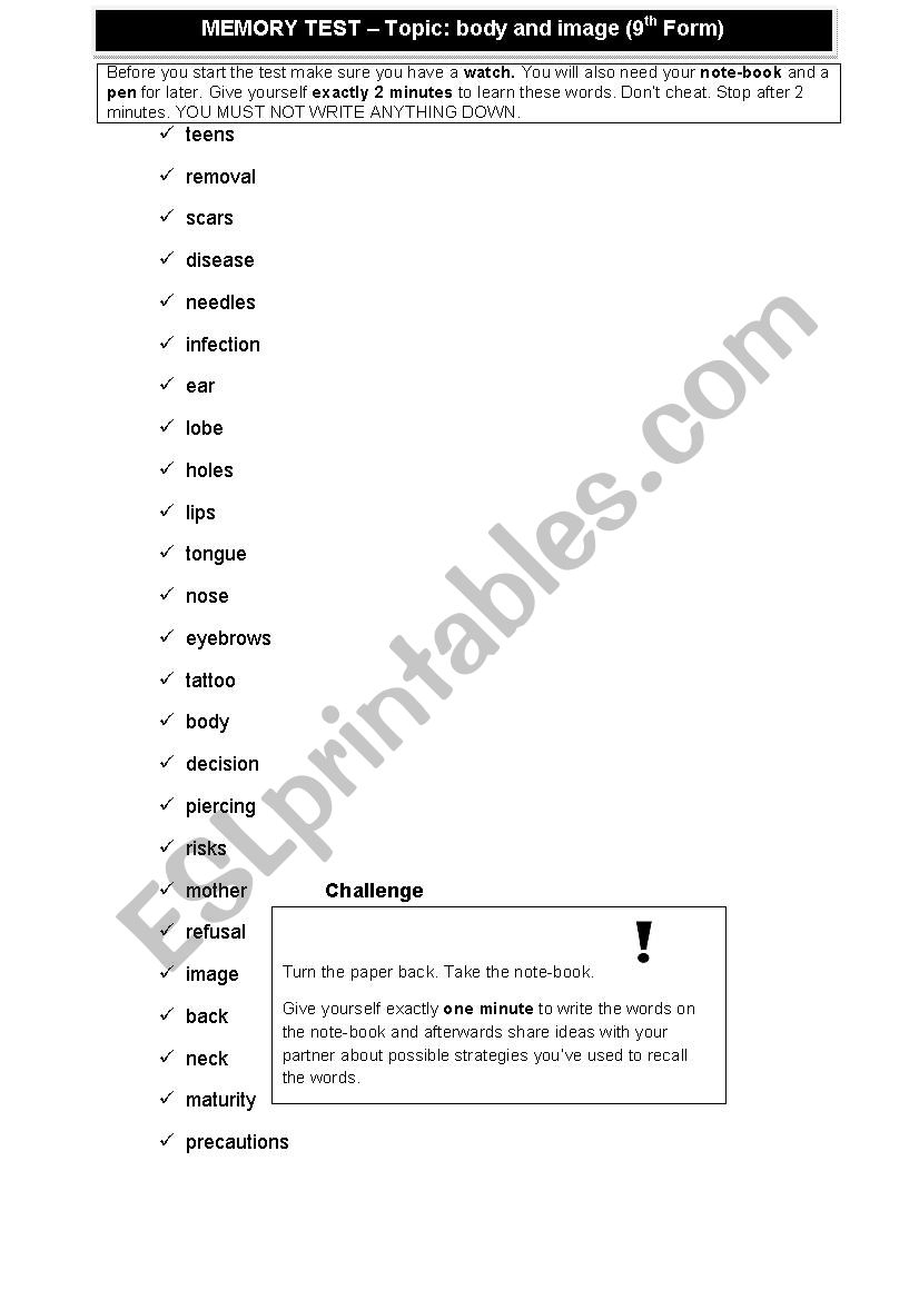 MEMORY TEST worksheet