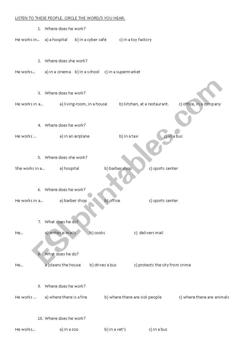 Professions worksheet