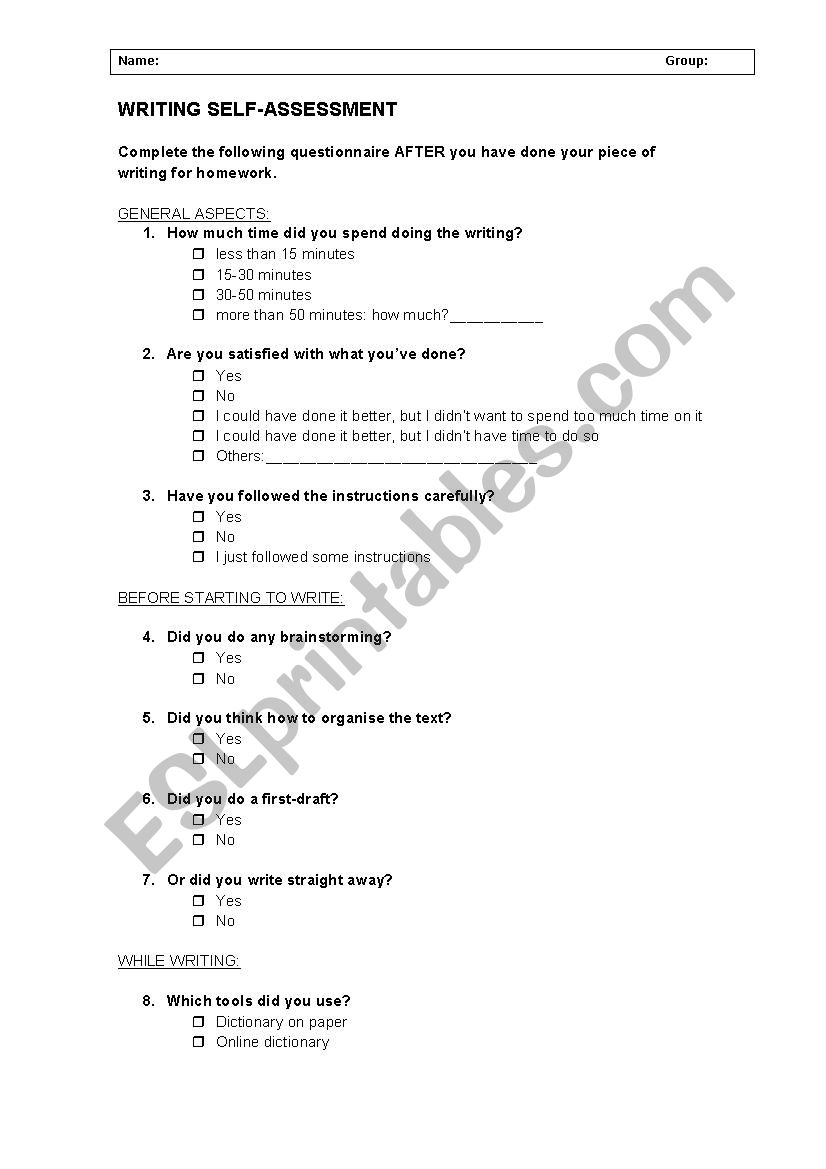 Writing self-assessment worksheet